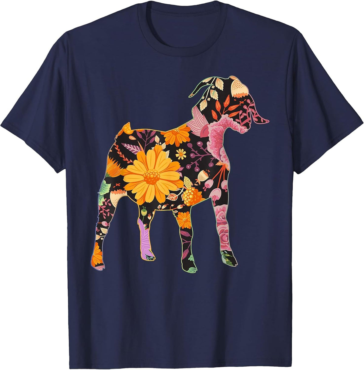 Boer Goat Floral Flower Vintage Retro Art T-Shirt - Navy Blue