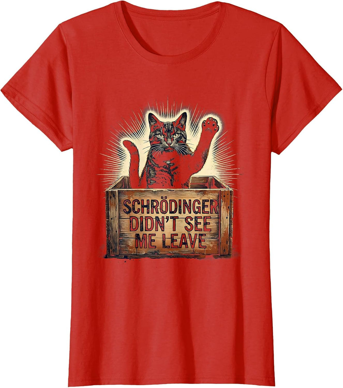 Schrödinger Didn't See Me Leave Vintage Cat Physics Humor T-Shirt - Red