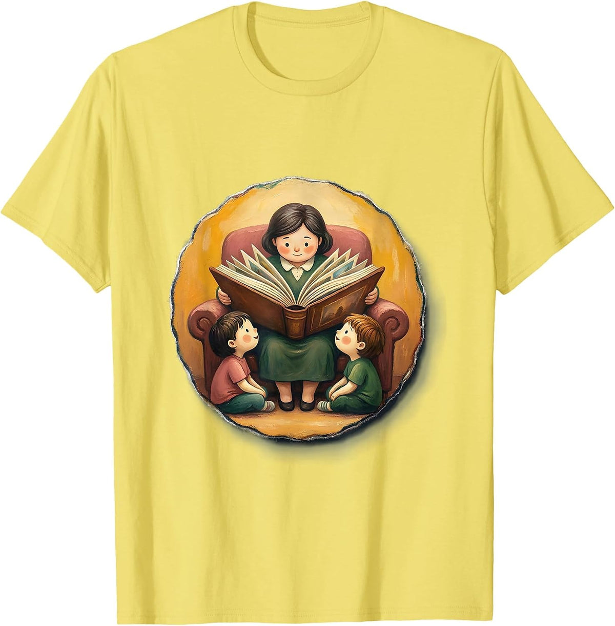 Men's Preschool Teacher Reading Circle Time Illustration T-Shirt - Lemon Yellow
