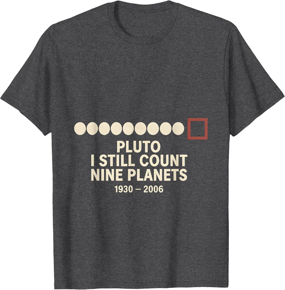 Pluto, I Still Count Nine Planets 1930-2006 Funny T-Shirt - Dark Heather Grey