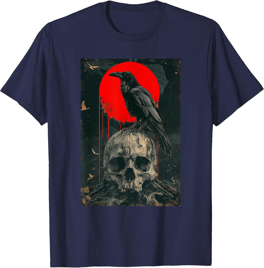 Red Moon Black Gothic Raven Graphic Skull Black Crow T-Shirt - Navy Blue