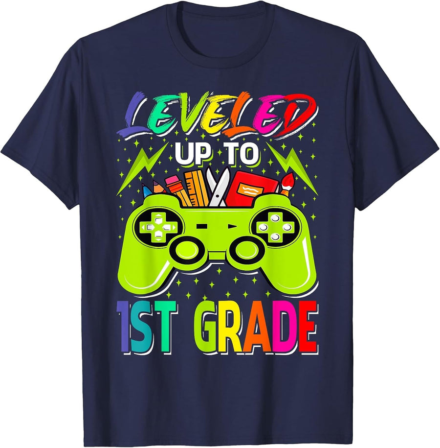 Leveled Up to 1st Grade Gamer Back to School First Day Boys T-Shirt - Navy Blue