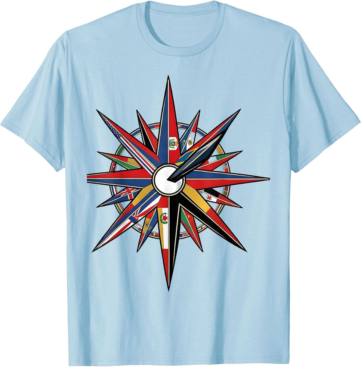 Men's Compass Point Star World Flags Geography Lover T-Shirt - Baby Blue