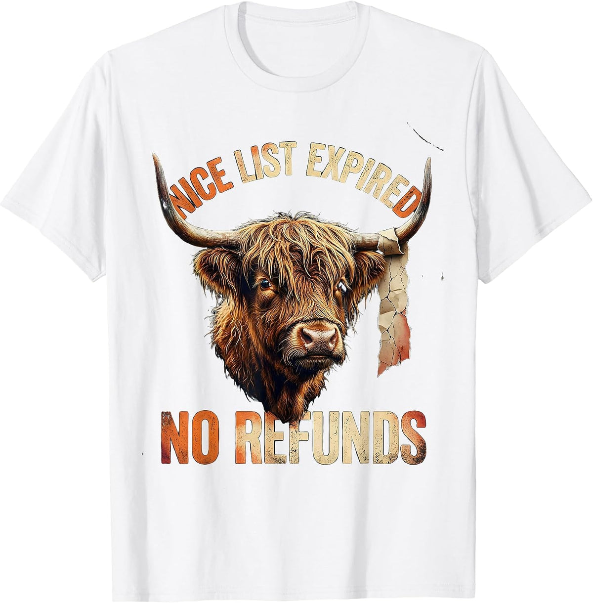Men's Nice List Expired No Refunds Distressed Highland Cow T-Shirt - White