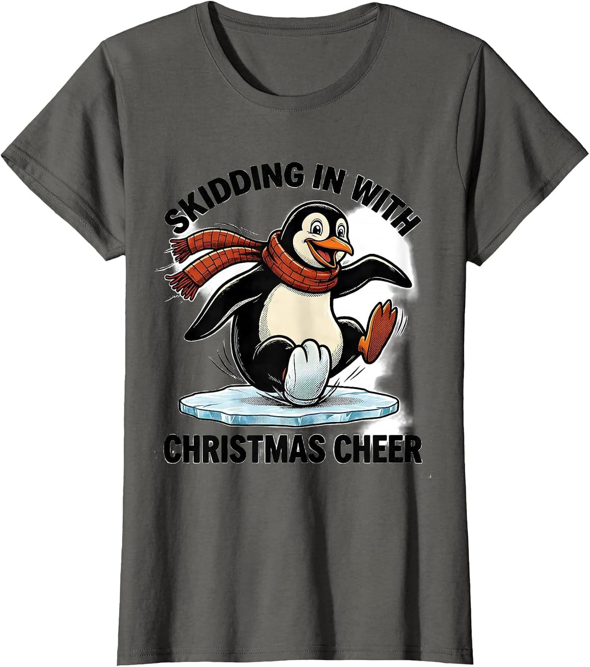 Women's Skidding In With Christmas Cheer Retro Cartoon Penguin Lover T-Shirt - Asphalt Grey