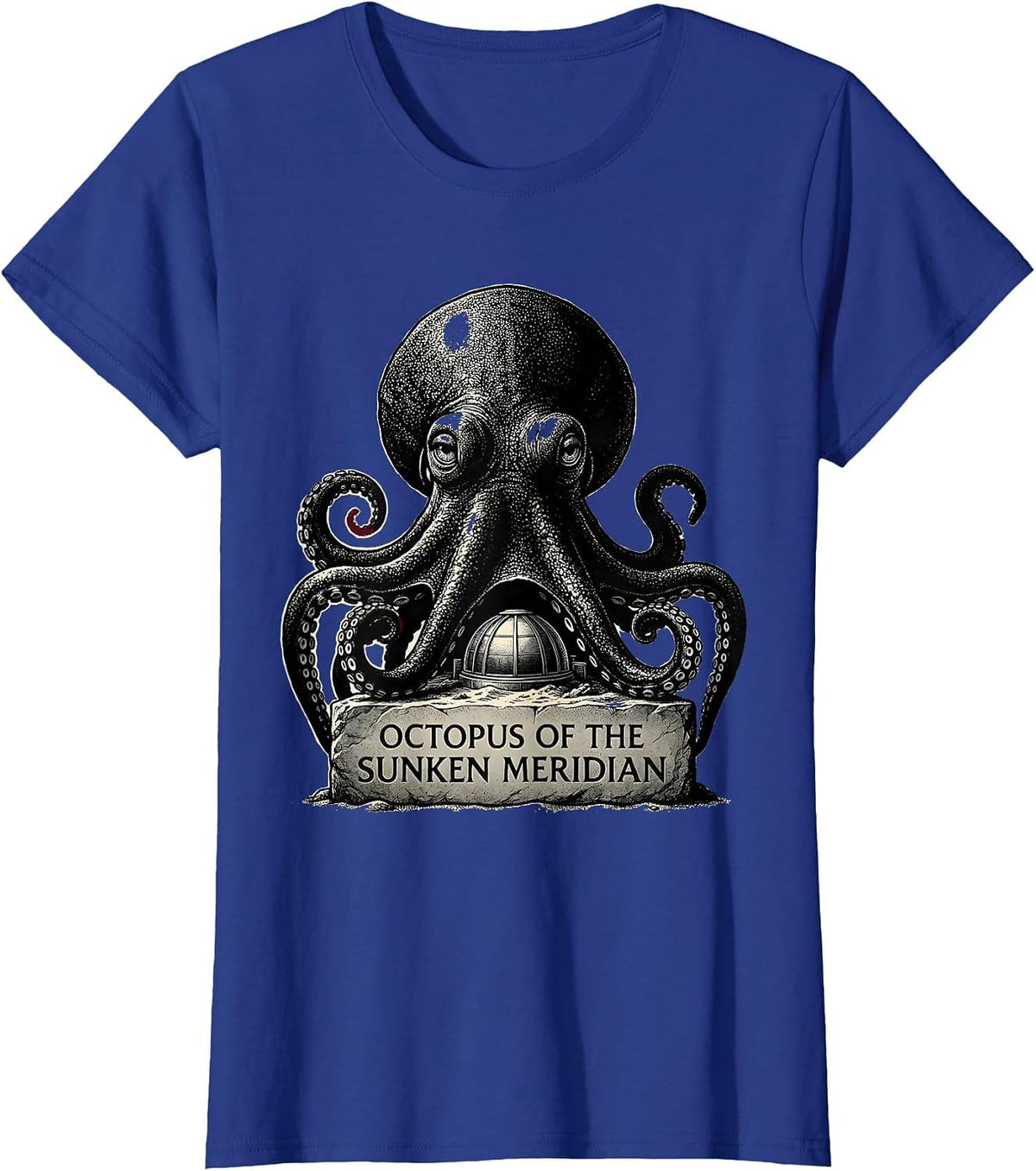 Women's Octopus of the Sunken Meridian Blackwork Dotwork Ocean T-Shirt - Royal Blue