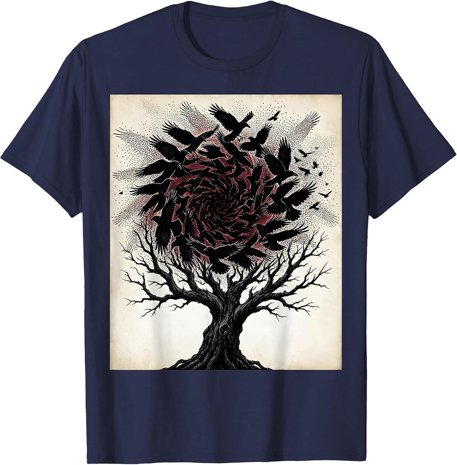 Murder of Crows Swirling Over Dead Tree T-Shirt - Navy Blue