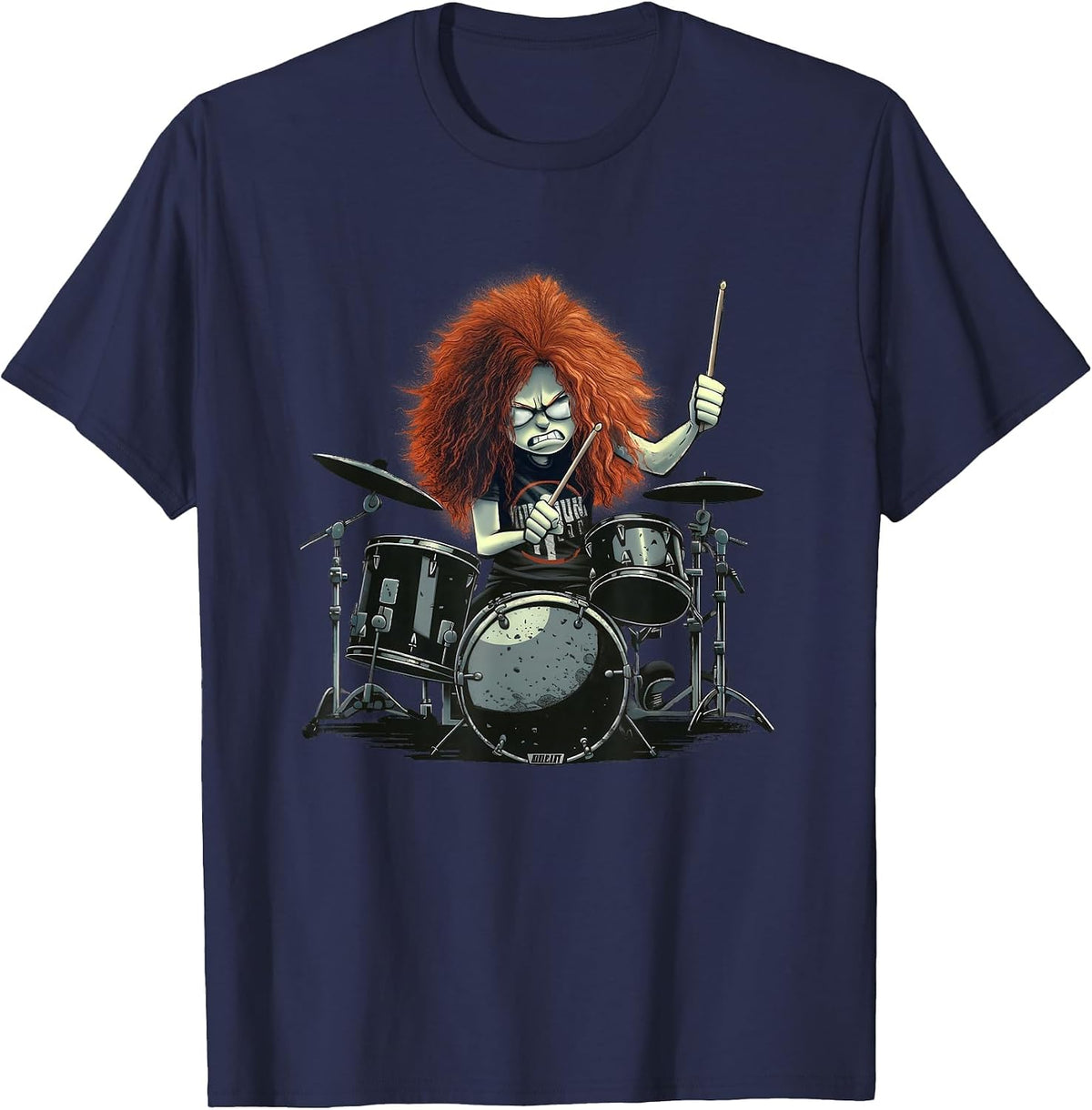 Funny Redhead Drummer Playing Drums T-Shirt - Navy Blue