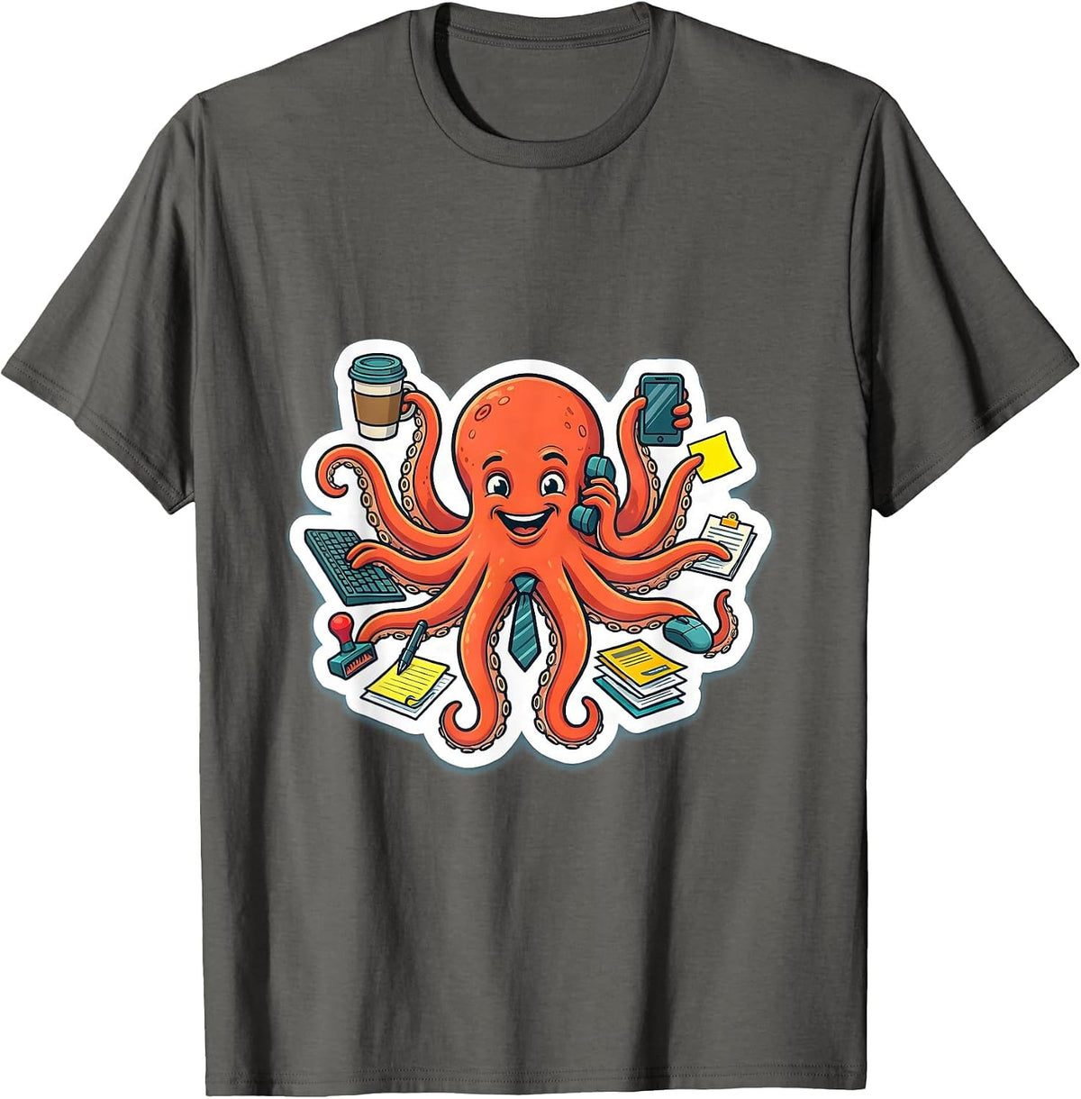 Funny Octopus Multitasking Office Jobs Illustration T-Shirt - Asphalt Grey