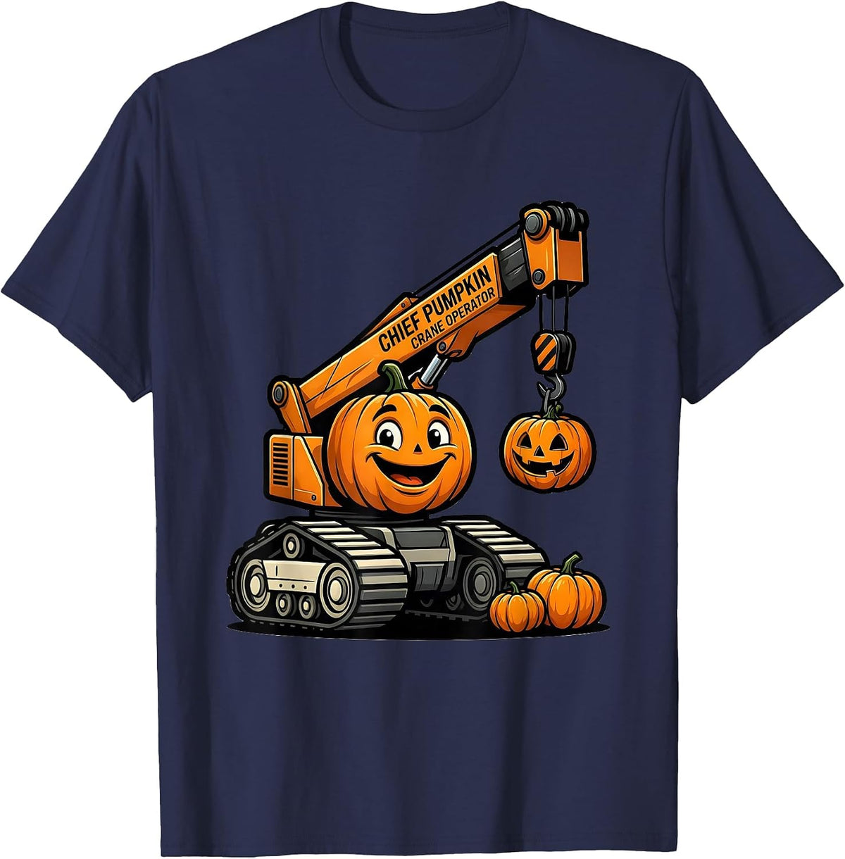 Men's Chief Pumpkin Crane Operator Funny Construction Truck T-Shirt - Navy Blue