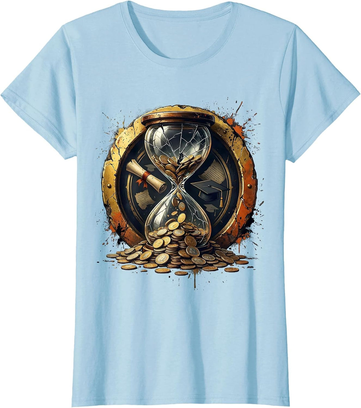 Giant Hourglass Raining Coins College Graphic T-Shirt - Baby Blue