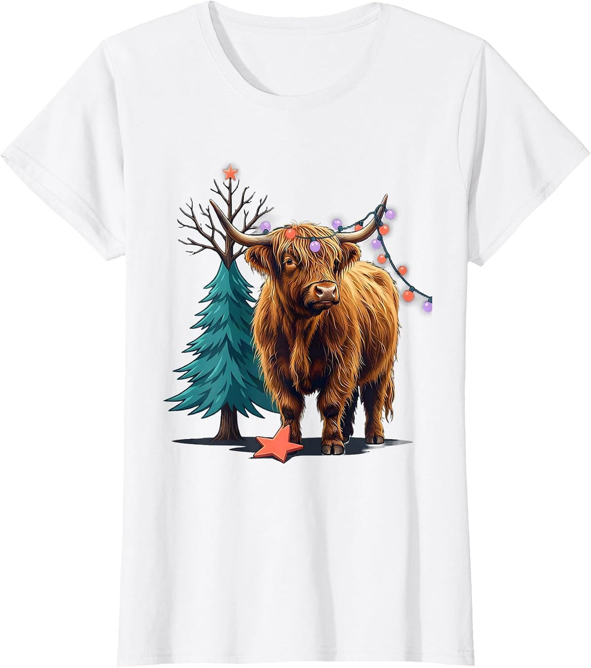 Women's Highland Cow Christmas Holiday Humor Funny Farm Animal T-Shirt - White