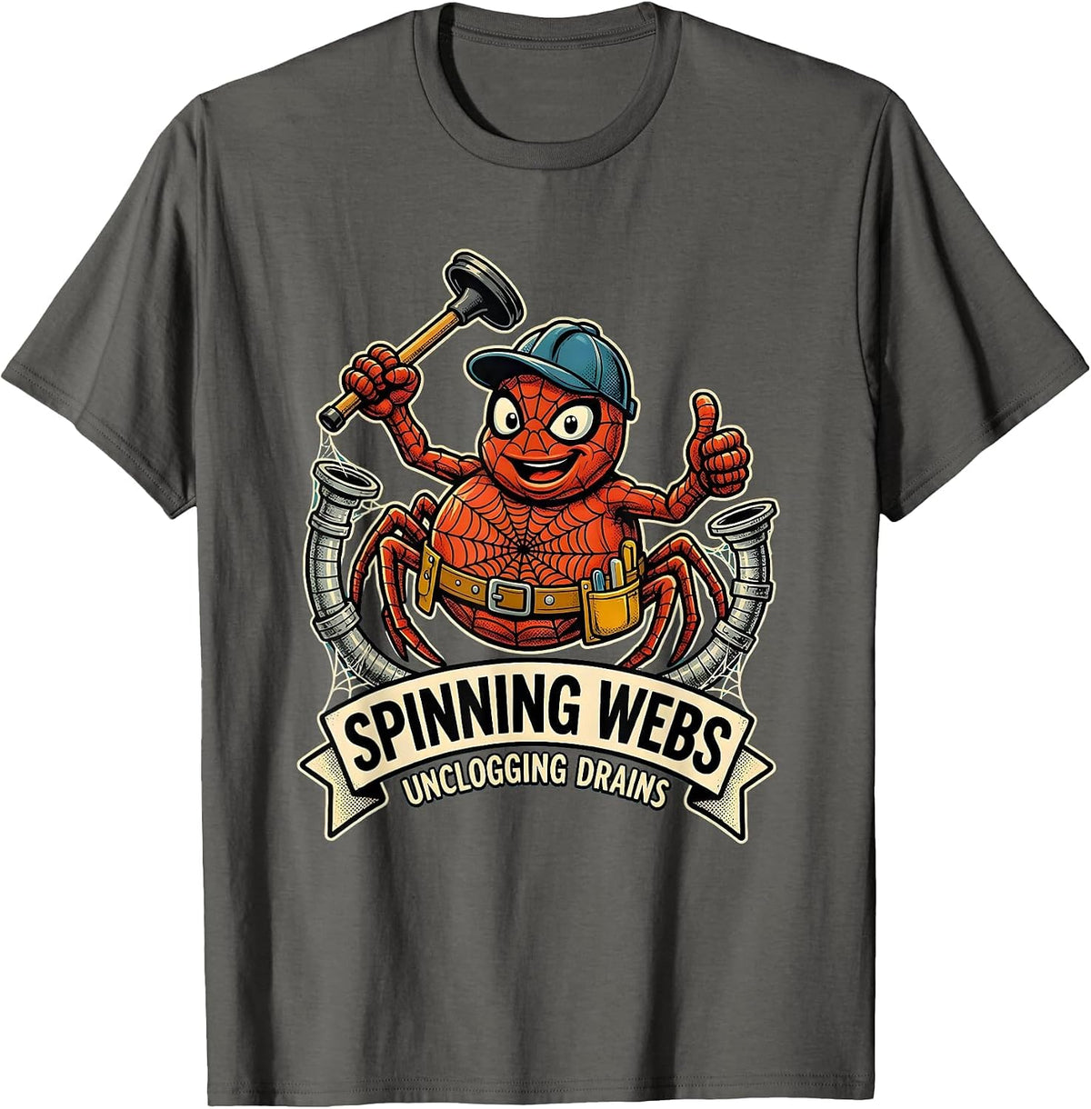 Halloween Spider Plumber Web Pipes Design T-Shirt - Asphalt Grey