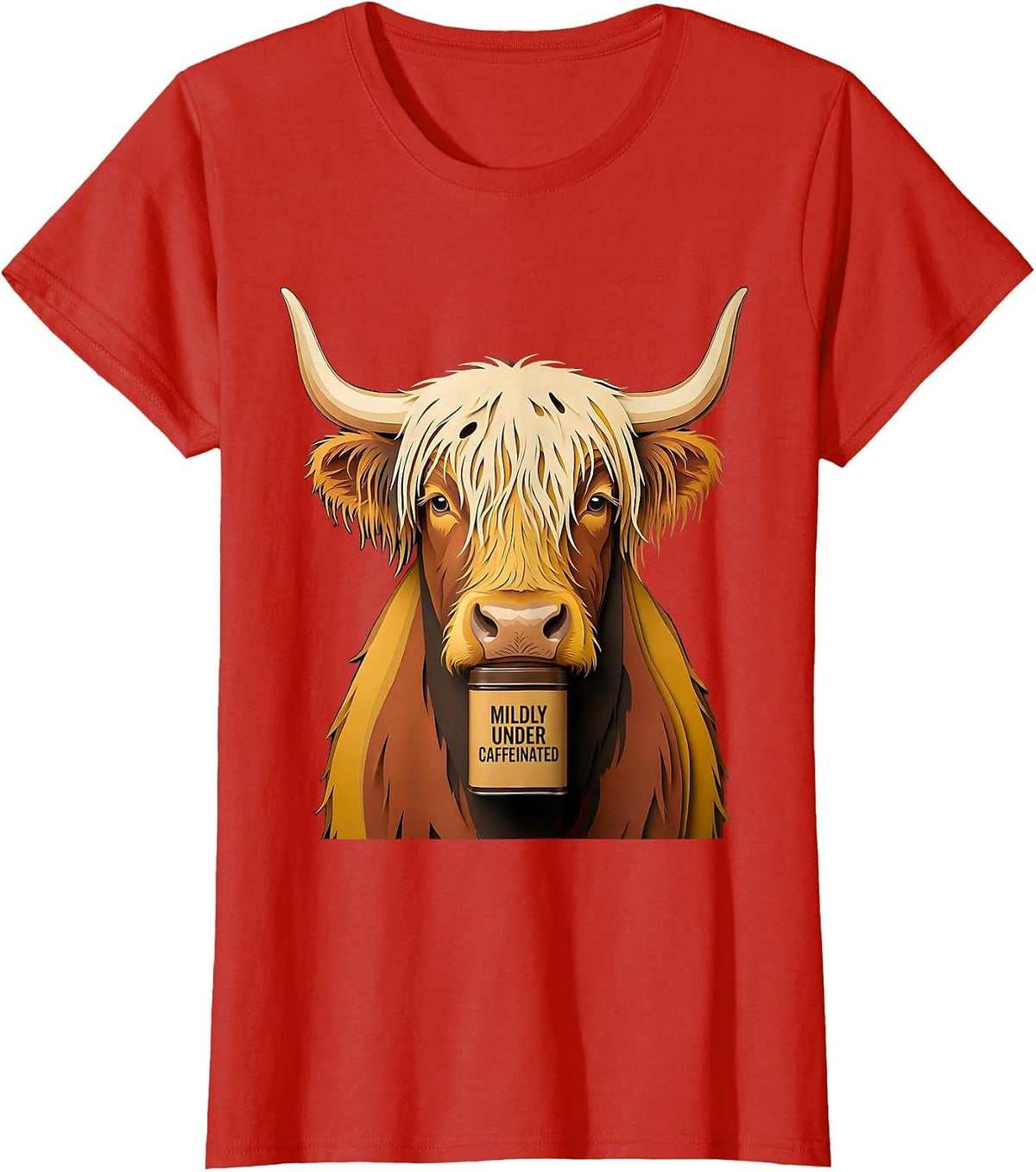 Women's Mildly Under Caffeinated Highland Cow Funny Cute Coffee T-Shirt - Red