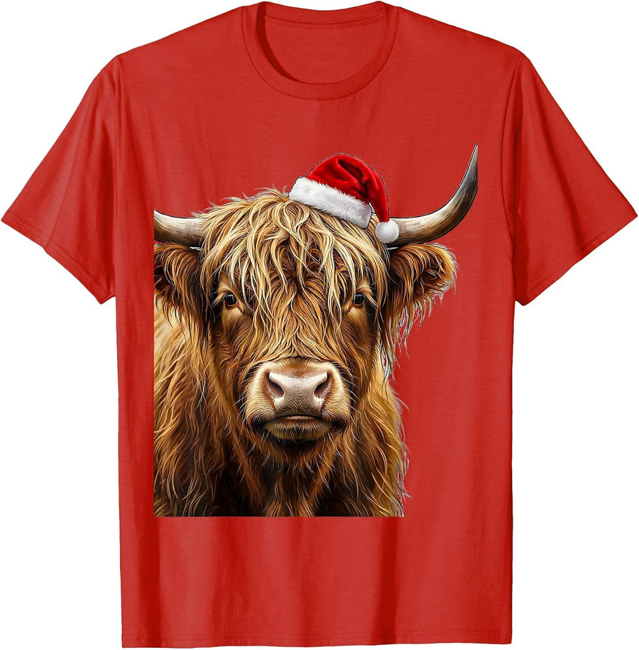 Men's Shaggy Highland Cow Santa Hat Whimsical Festive Humor T-Shirt - Red