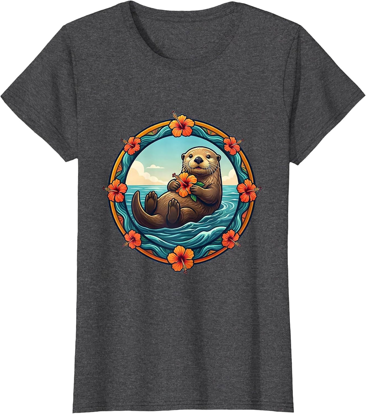 Women's Kids Hawaiian Sea Otter Hibiscus Flower Design T-Shirt - Dark Heather Grey