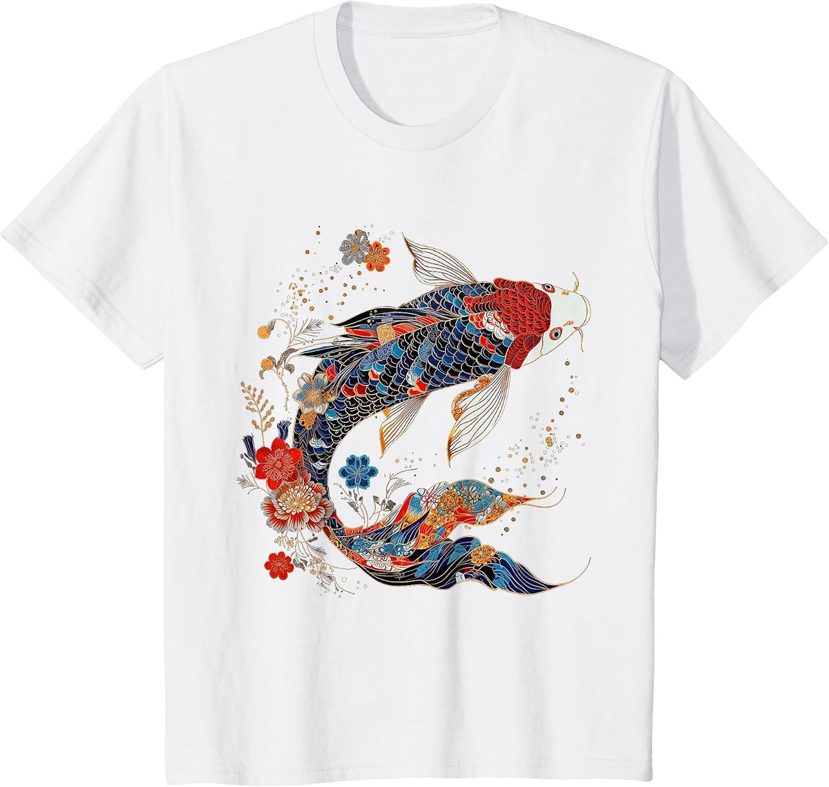 Koi Fish Vintage Flower Pattern Japanese Art Floral Koi Carp T-Shirt - White