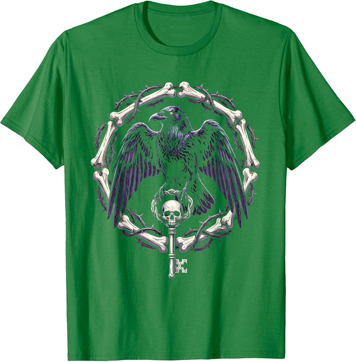Men's Crow Holding Skeleton Key Gothic Illustration T-Shirt - Kelly Green
