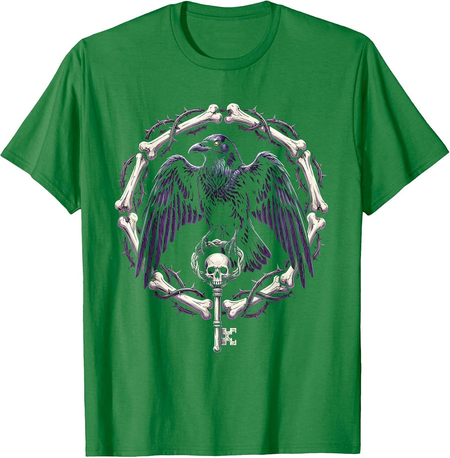 Men's Crow Holding Skeleton Key Gothic Illustration T-Shirt - Kelly Green