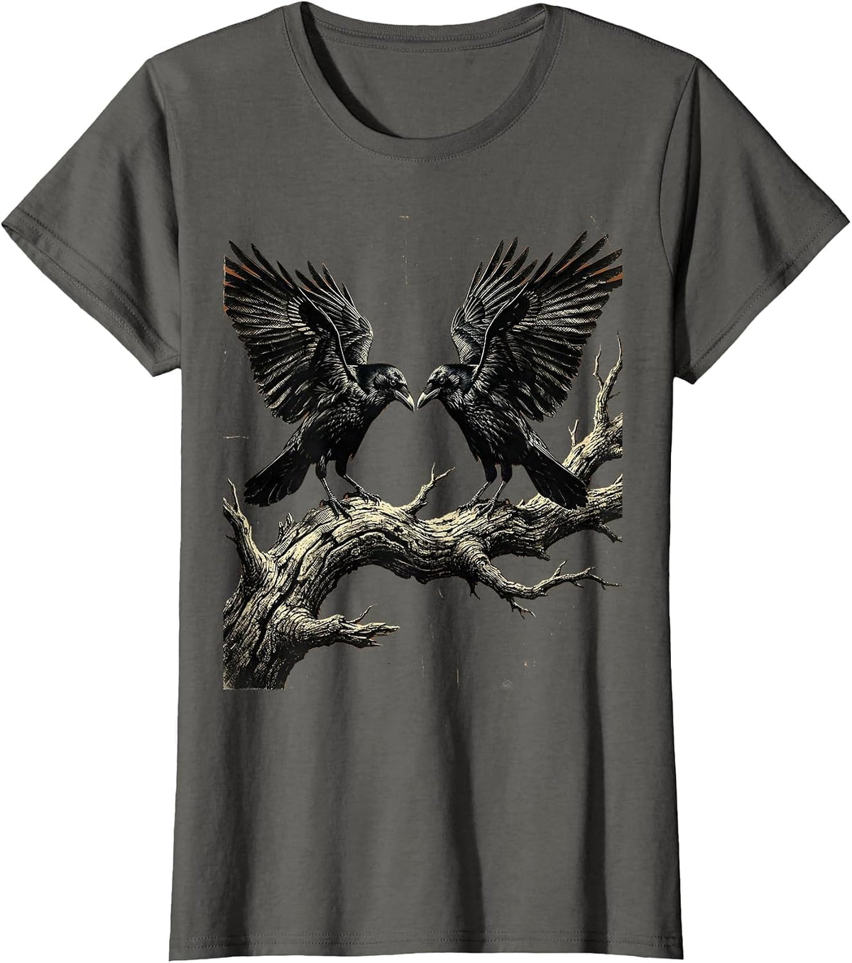 Women's Two Crows on Dead Branch Standoff Illustration T-Shirt - Asphalt Grey