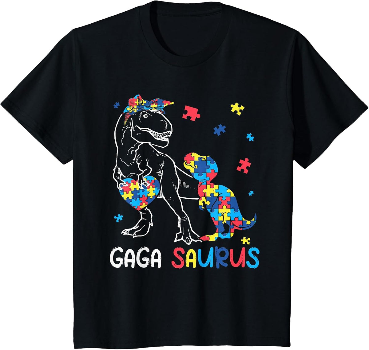 Gaga Saurus Autism Awareness Autistic Dinosaur Family T-Shirt - Black