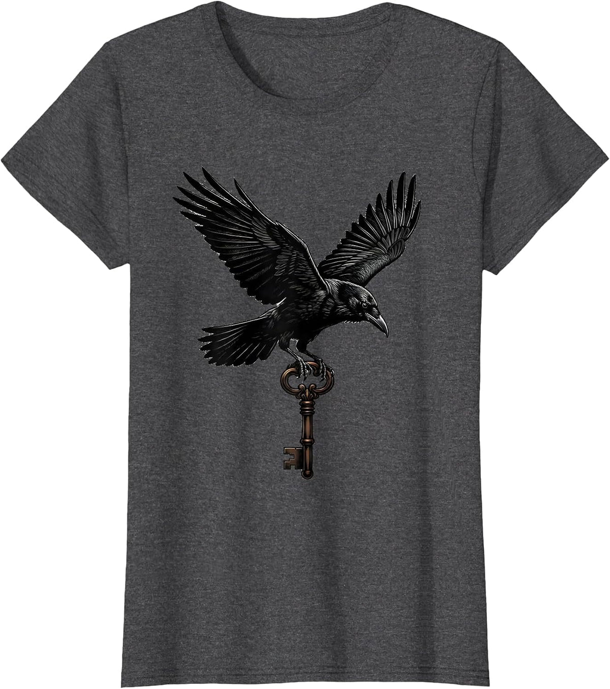 Women's Crow in Flight Clutching a Key Graphic Design T-Shirt - Dark Heather Grey