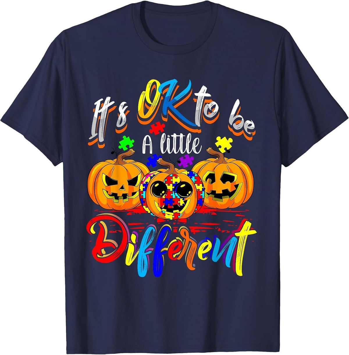 Halloween Autism Pumpkin It's OK to Be a Little Different T-Shirt - Navy Blue
