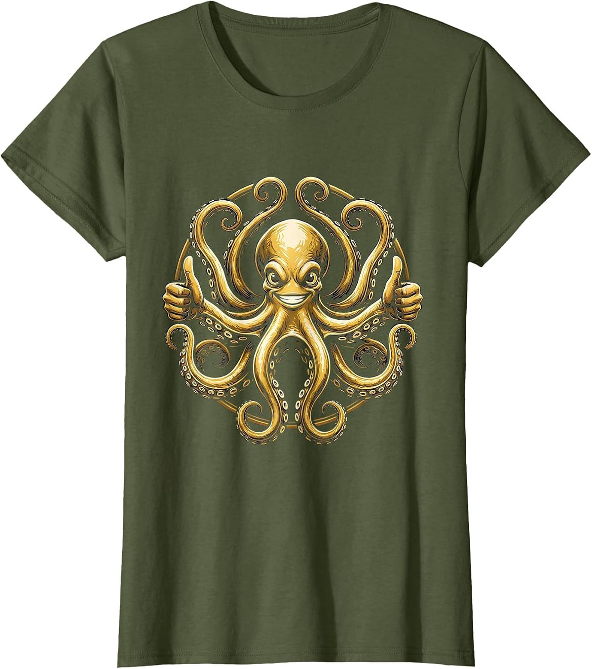 Women's Funny Octopus Thumbs Up Graphic Design T-Shirt - Olive Green