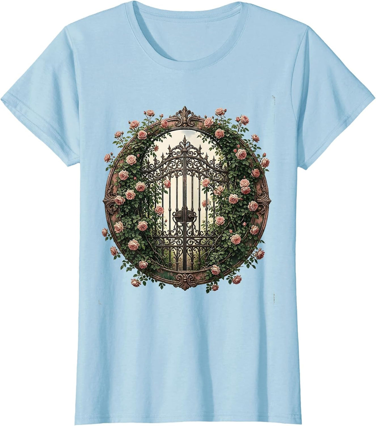 Overgrown Garden Gate Climbing Roses Illustration T-Shirt - Baby Blue