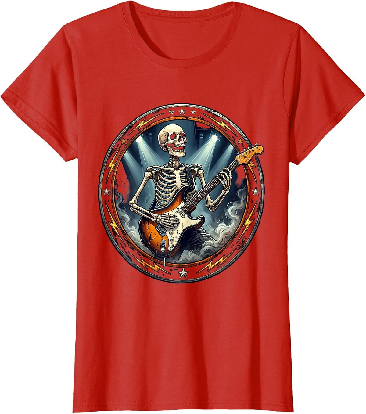 Skeleton Electric Guitar Player Stage Rock Art T-Shirt - Red