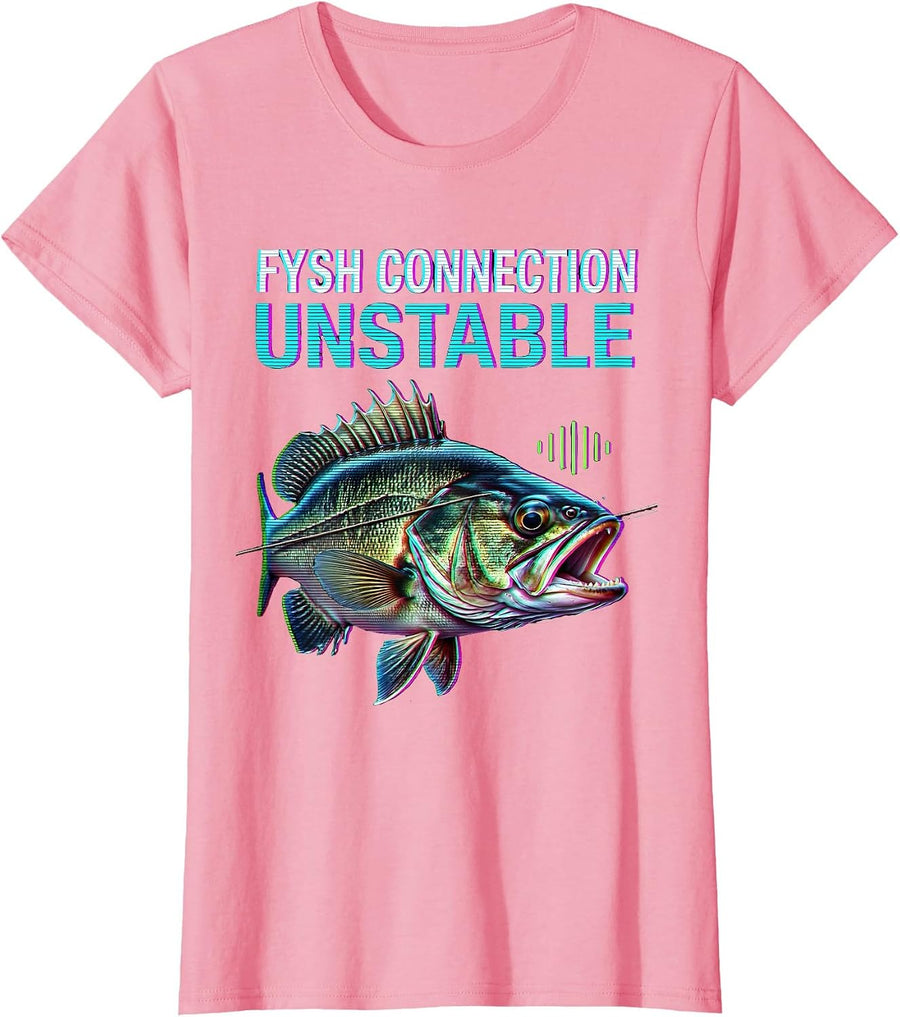 Women's Fysh Connection Unstable Glitch Datamosh Funny Fishing Humor T-Shirt - Pink