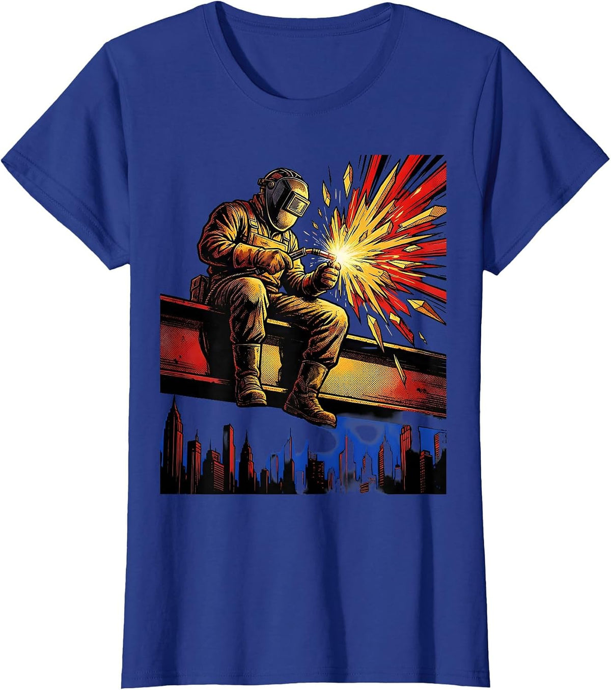 Women's Welder on Iron Beam Above City Skyline T-Shirt - Royal Blue