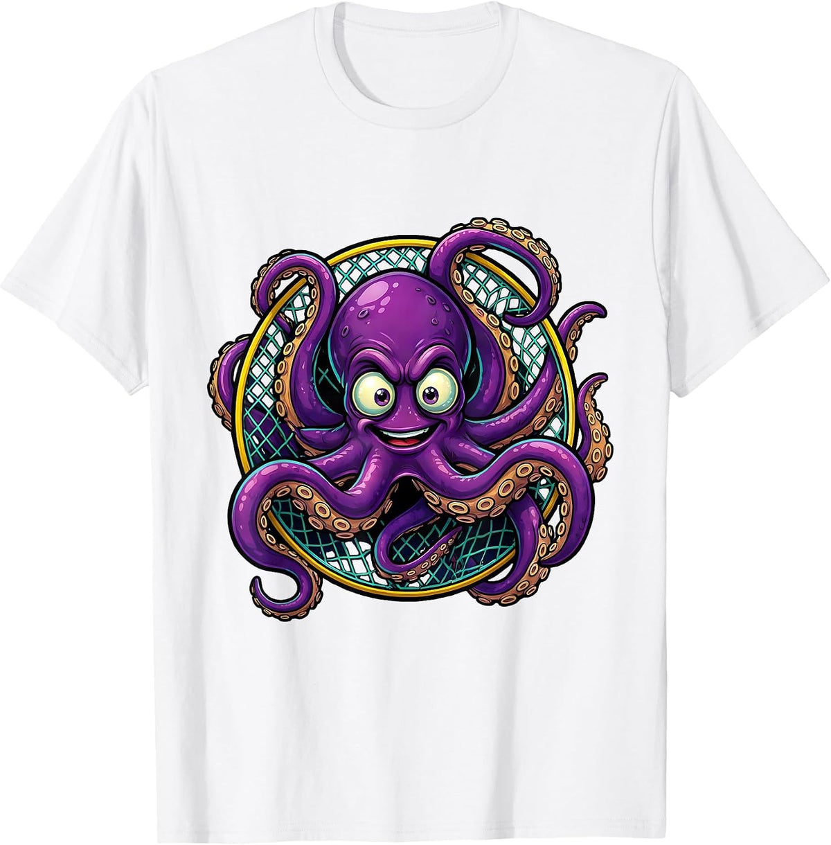 Men's Deep Sea Octopus Soccer Goal Net Illustration T-Shirt - White