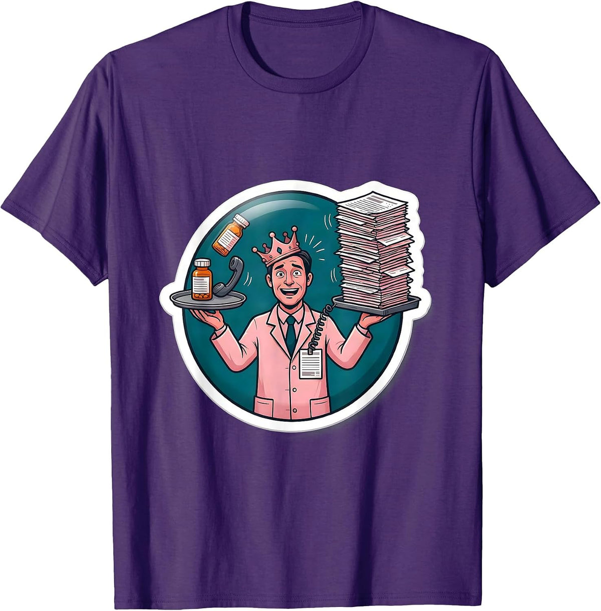 Pharmacy Tech Badge Humor Sticker Style T-Shirt - Purple