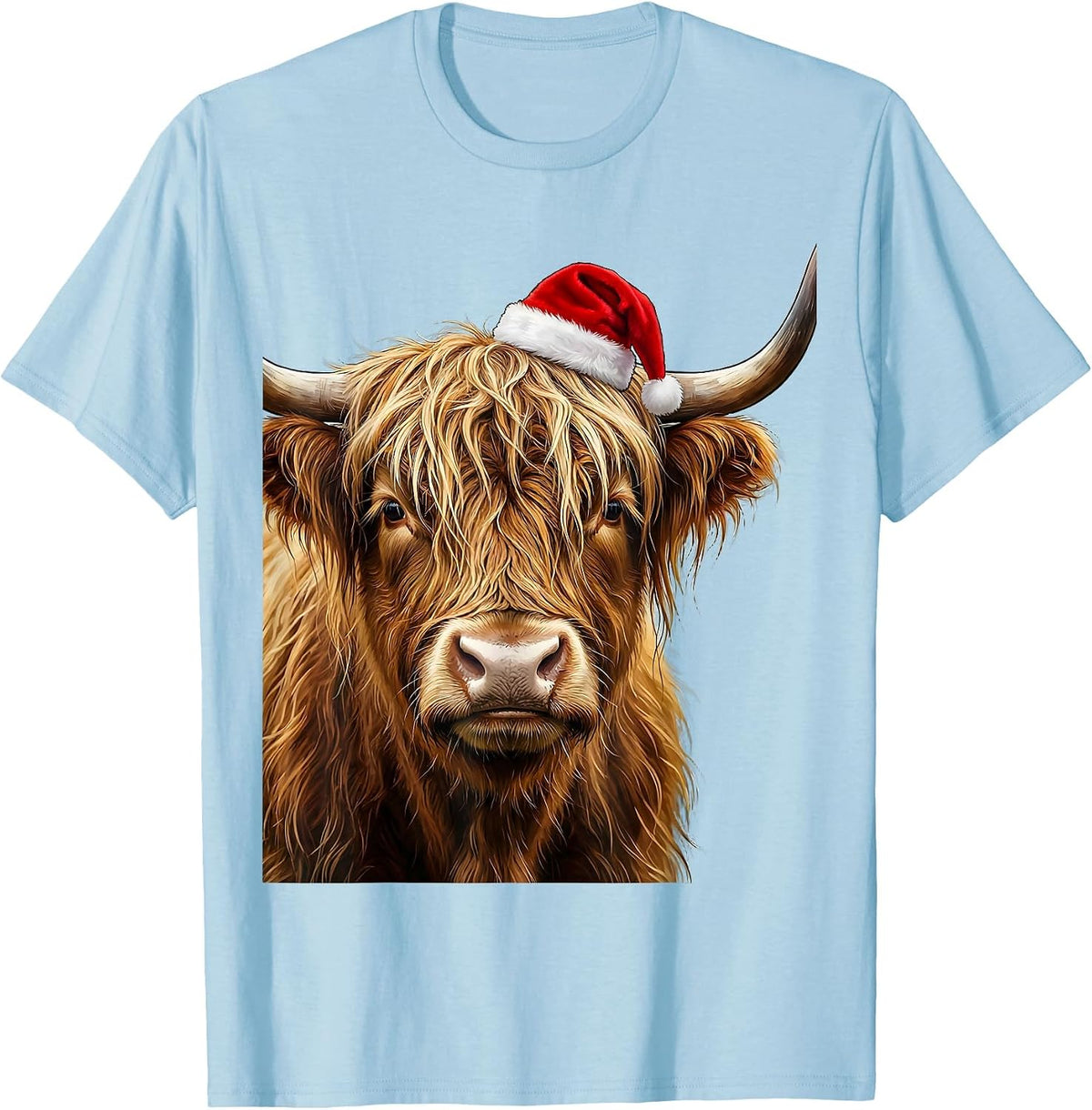 Men's Shaggy Highland Cow Santa Hat Whimsical Festive Humor T-Shirt - Baby Blue