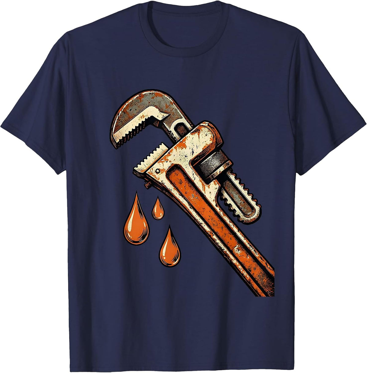 Men's Plumber Wrench Water Drops Graphic Tee T-Shirt - Navy Blue