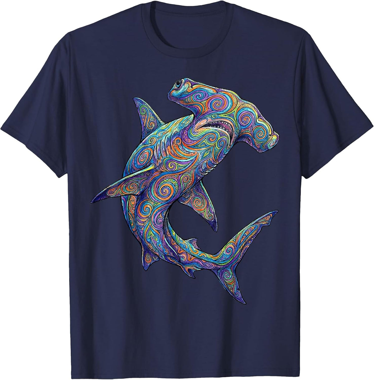 Colorful Hammerhead Shark Abstract Ocean Art Marine Life T-Shirt - Navy Blue