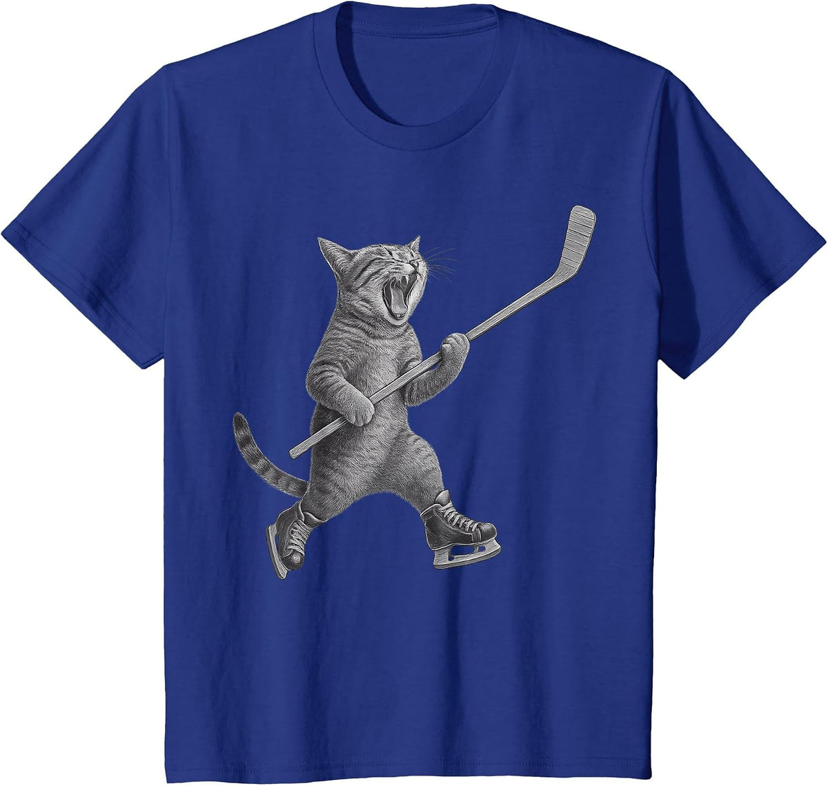 Cat Playing Ice Hockey Stick Funny Skating Cat T-Shirt - Royal Blue