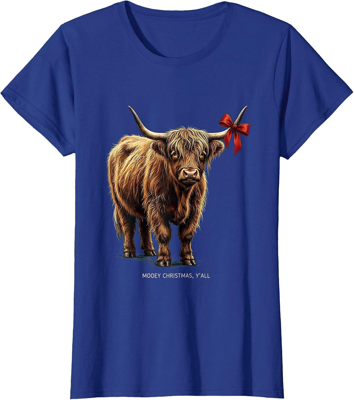 Women's Mooey Christmas, Y'all Funny Highland Cow Farm Humor T-Shirt - Royal Blue