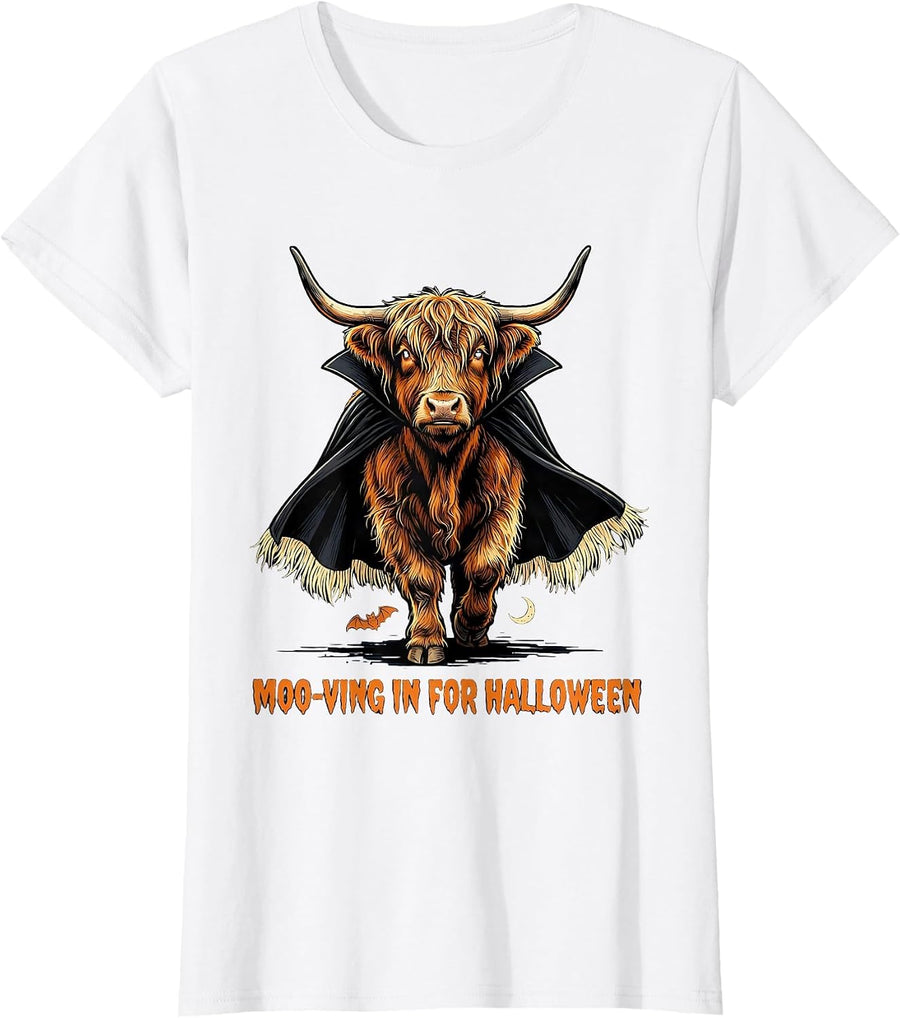 Women's Moo-ving In For Halloween Funny Highland Cow Ghost Costume T-Shirt - White