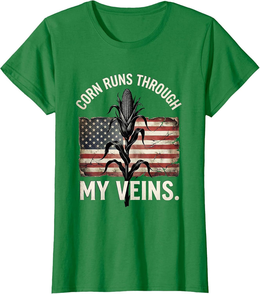 Women's Corn Runs Through My Veins Funny Corn Design T-Shirt - Kelly Green
