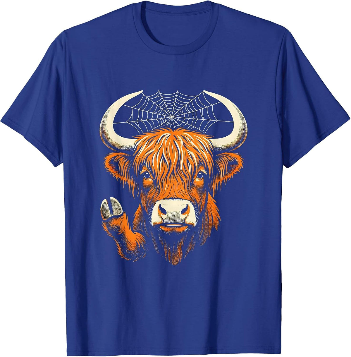 Men's Highland Cow Spiderweb Halloween Fall Family Humor T-Shirt - Royal Blue
