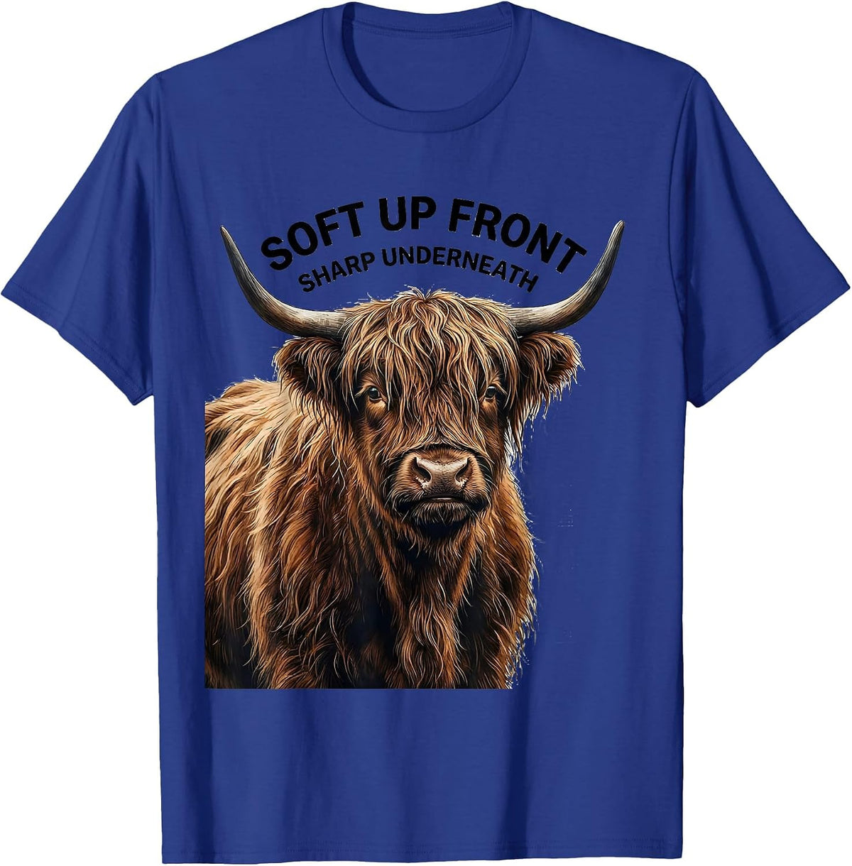 Men's Soft Up Front Sharp Underneath Funny Highland Cow Cute T-Shirt - Royal Blue