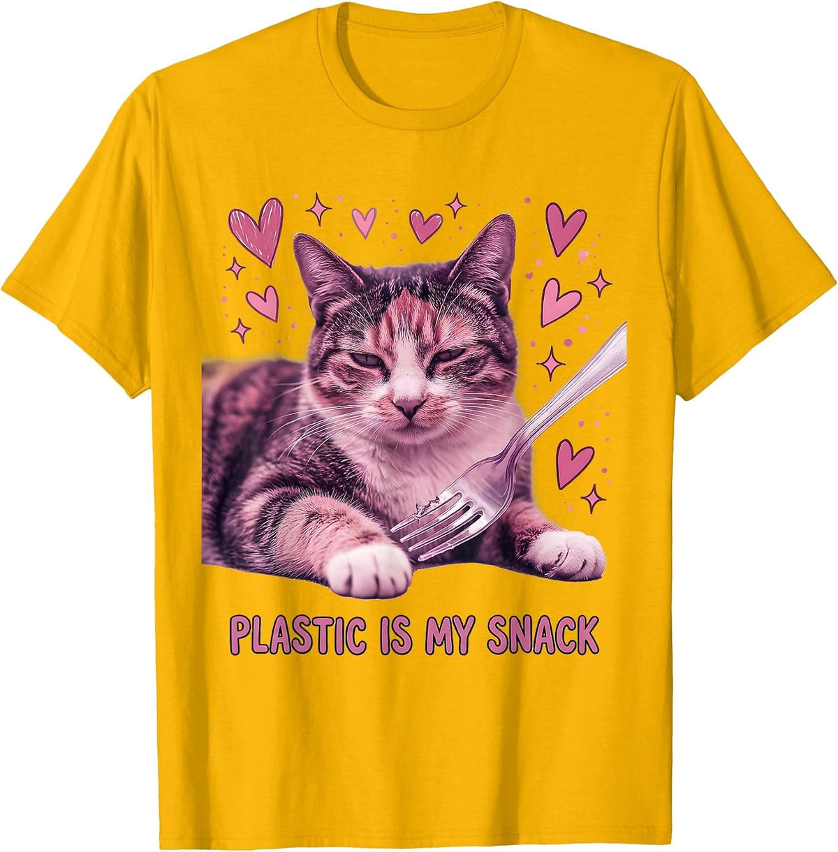 Men's Plastic Is My Snack Cute Cat Meme Absurdist Irony T-Shirt - Golden Yellow