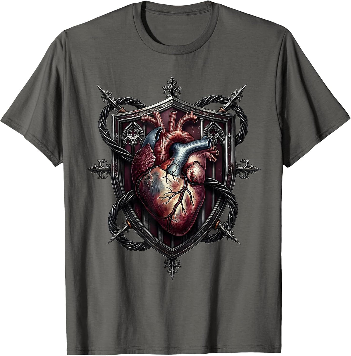 Grunge Human Heart Tangled in Electrical Wire T-Shirt - Asphalt Grey