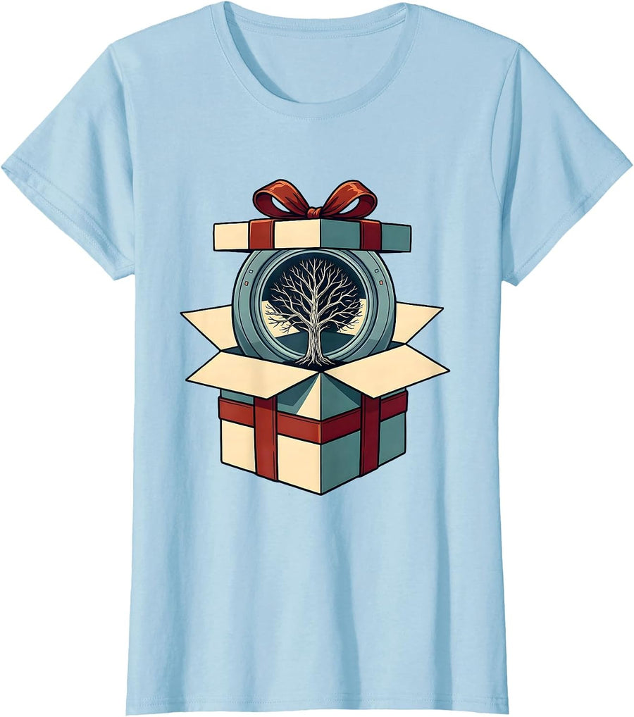 Women's Wrapped Present Skeleton Radiology Tech Christmas Humor T-Shirt - Baby Blue