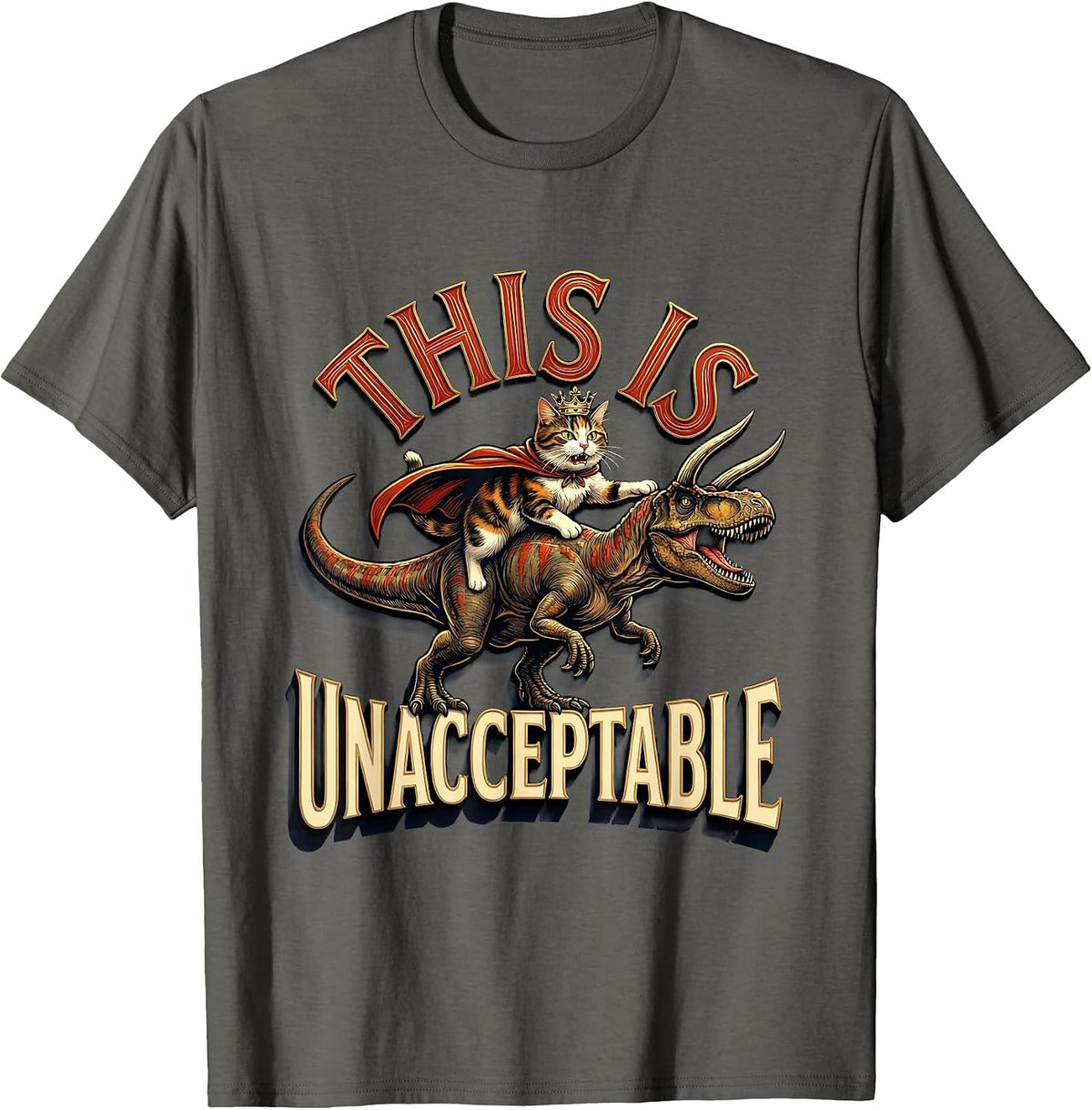 This Is Unacceptable Funny Crowned Cat Riding Dinosaur Meme T-Shirt - Asphalt Grey