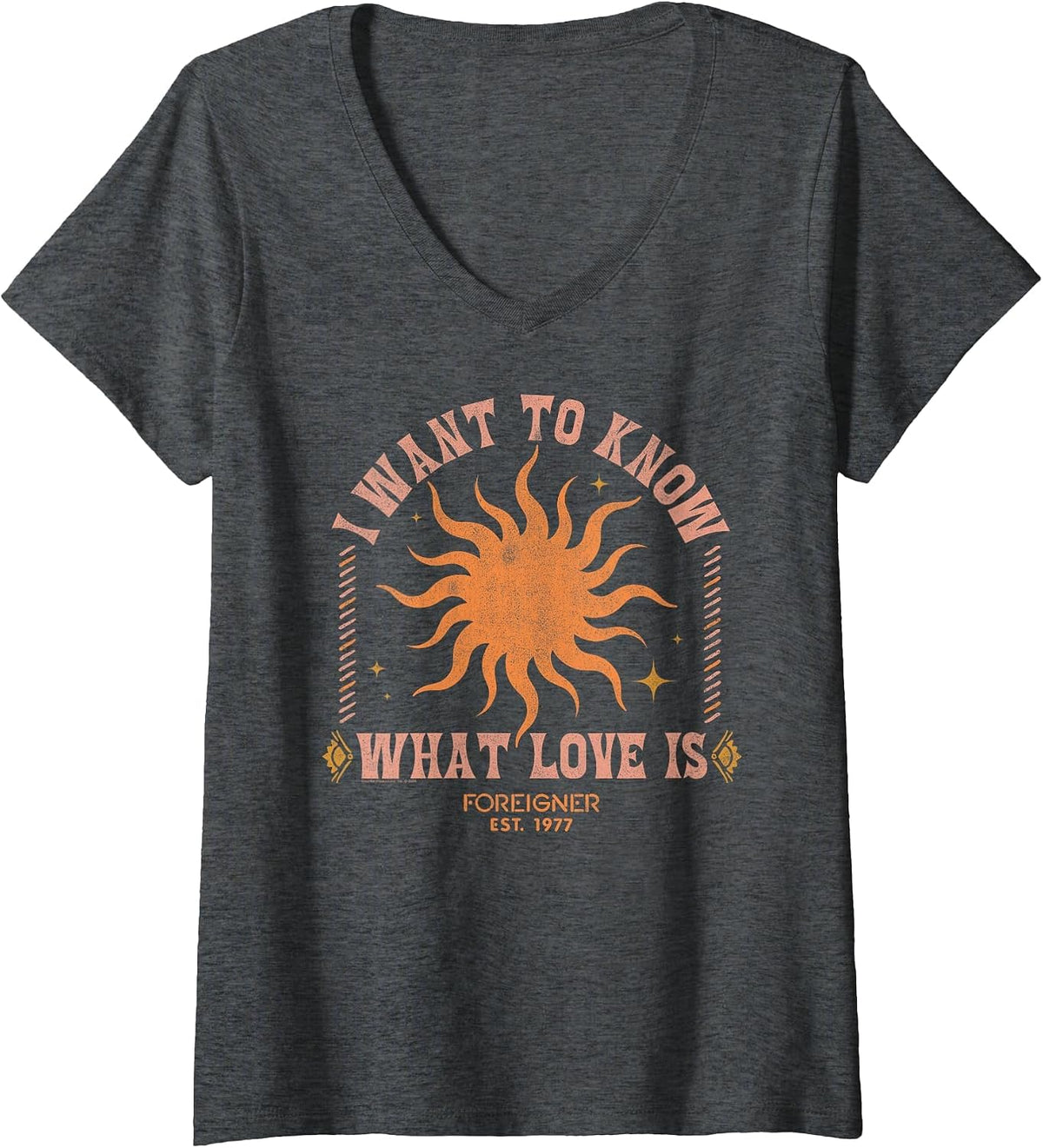 Women's Foreigner I Want to Know What Love is Sun Vintage Band V-Neck T-Shirt - Dark Heather Grey