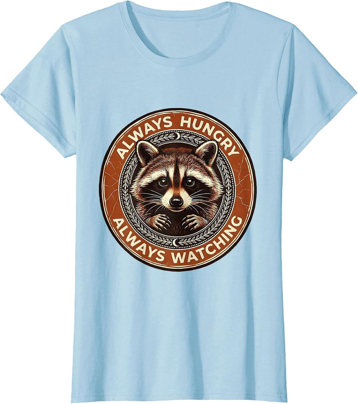 Always Hungry Always Watching Snacks Raccoon Design T-Shirt - Baby Blue
