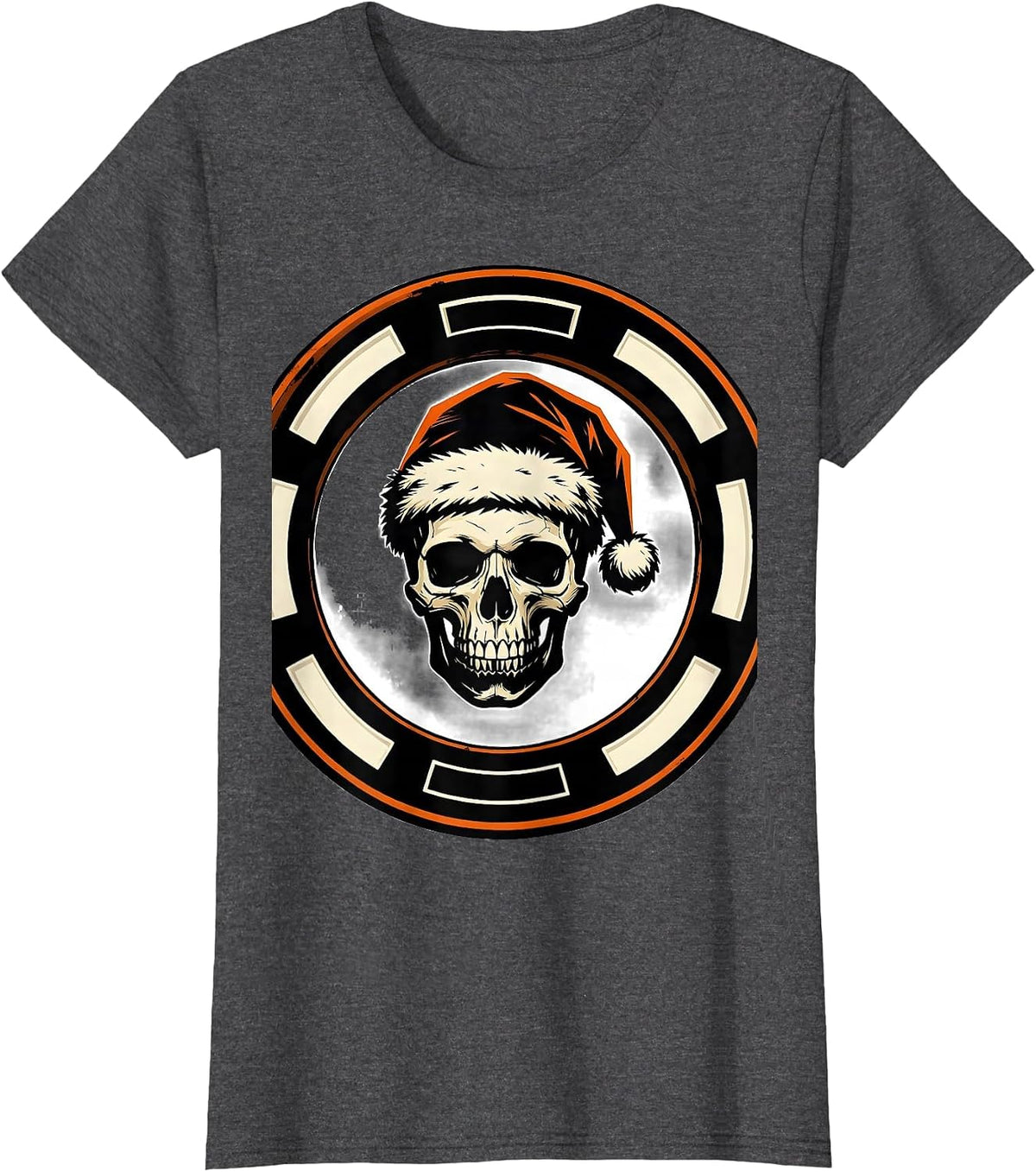 Women's Heavy Shield Seal Gothic Skull Santa Hat Punk Rock Christmas T-Shirt - Dark Heather Grey